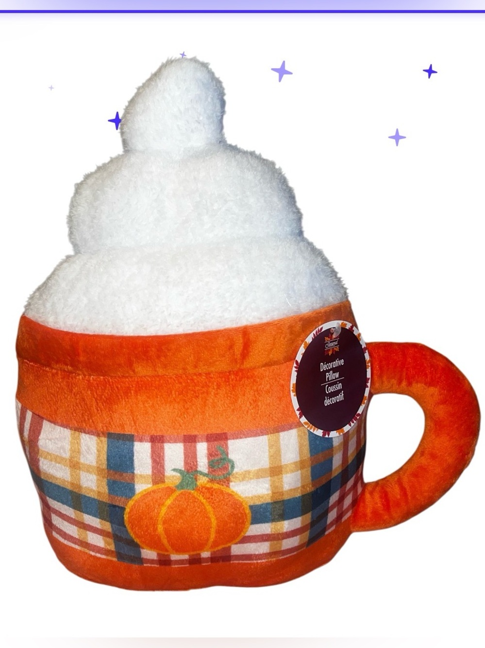 Plush Pumpkin Spice Mug Decorative Pillow - White & Orange